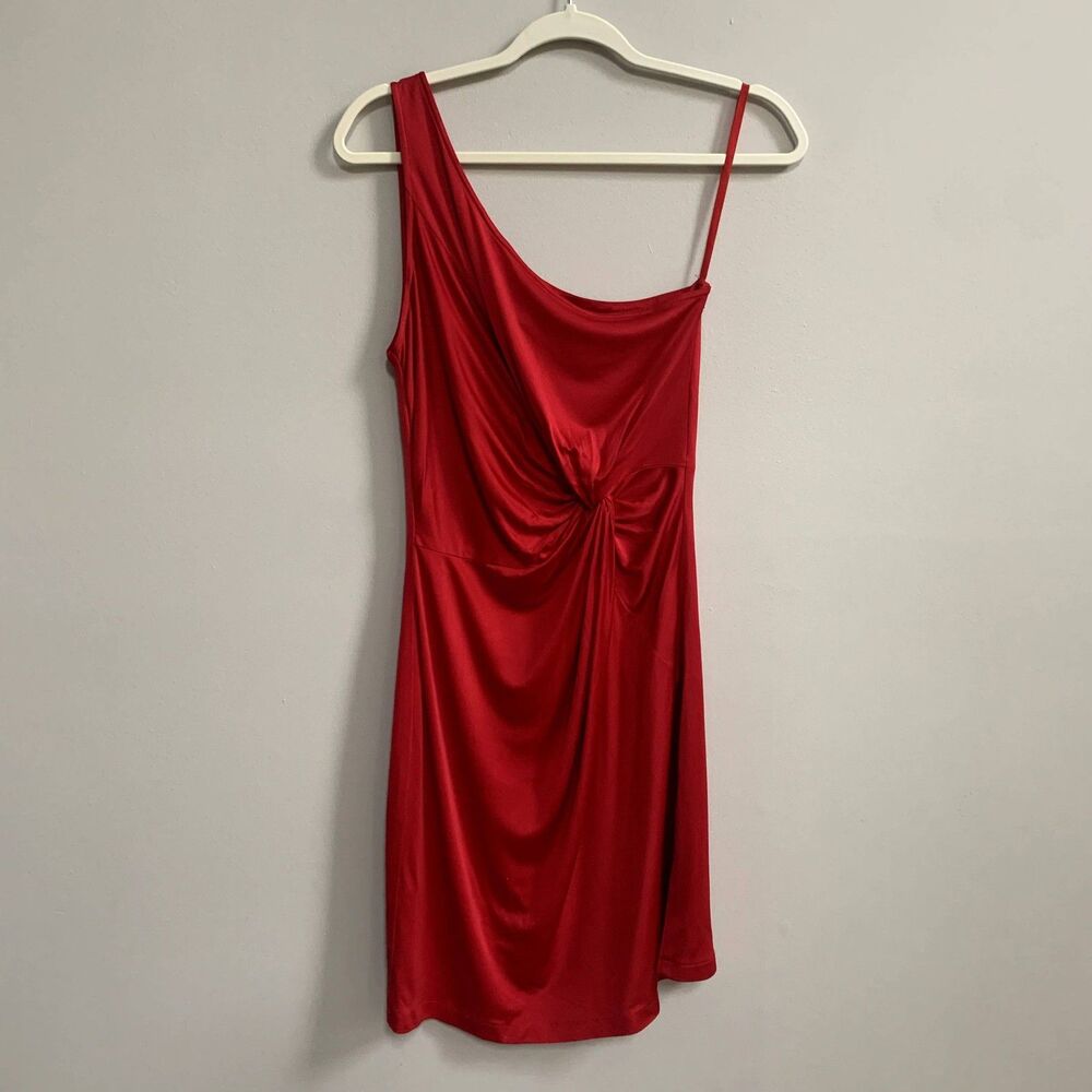 Laila Azhar Silk Dress Womens M Ruched Drape Waist Red Y2K Party One Shoulder - Picture 1 of 10